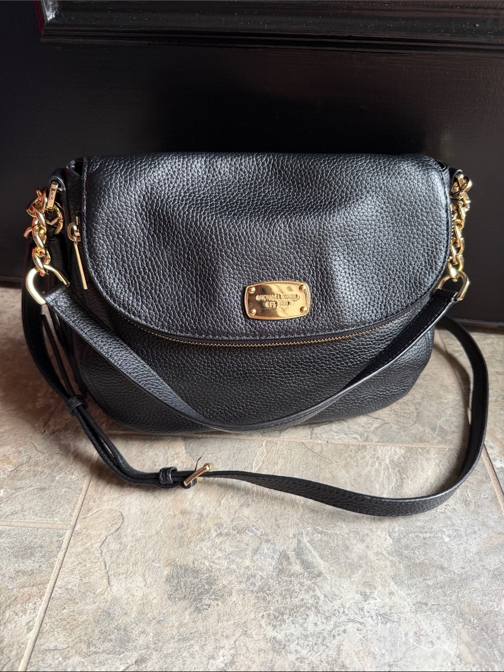 Michael Kors Black Pebbled Leather Crossbody Bag with Gold Hardware